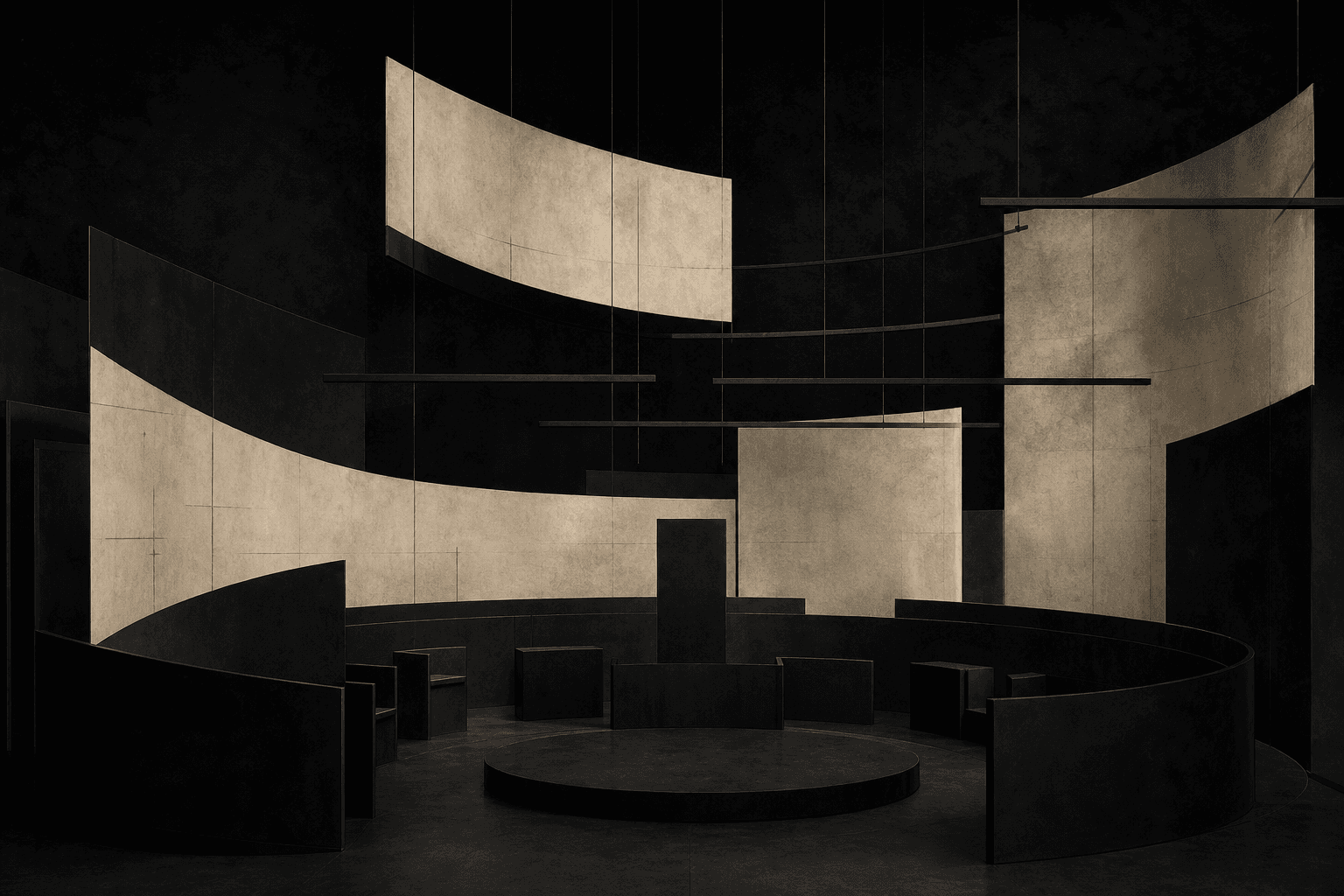 Abstract constitutional chamber with matte black planes and vellum bands.