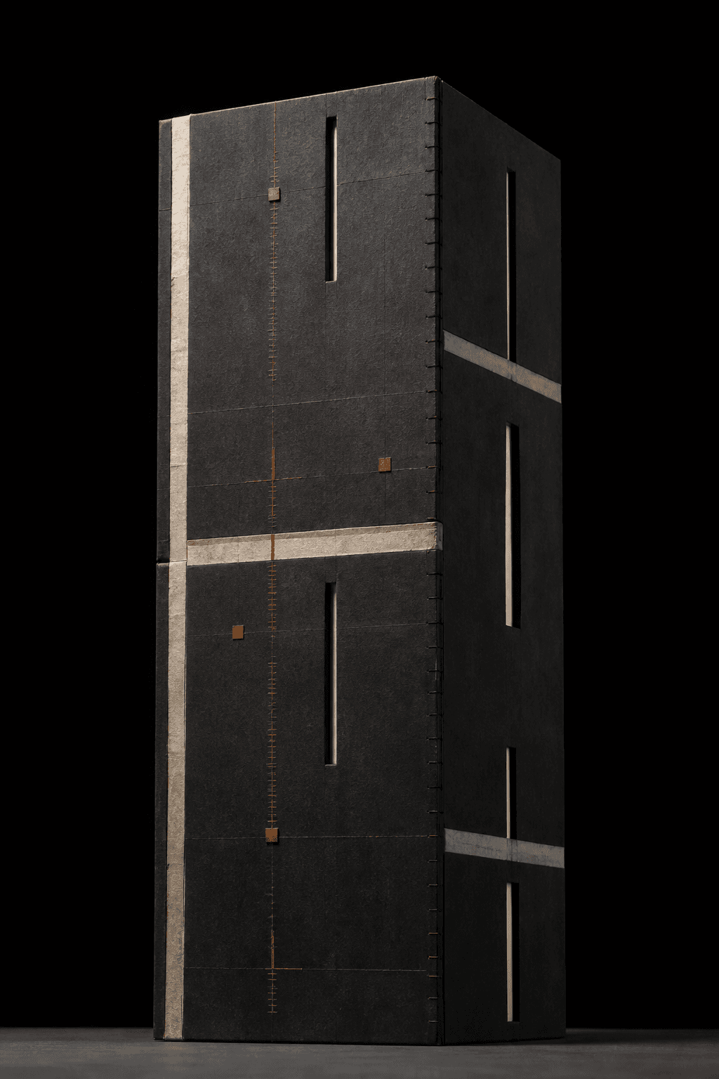 Tall abstract archive monolith with pale seams and rust calibration marks.
